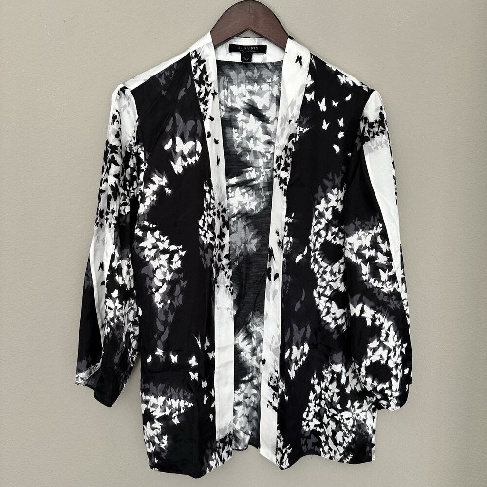 AllSaints Black White Skull Butterfly Print Kimono Cardigan Goth Whimsigoth